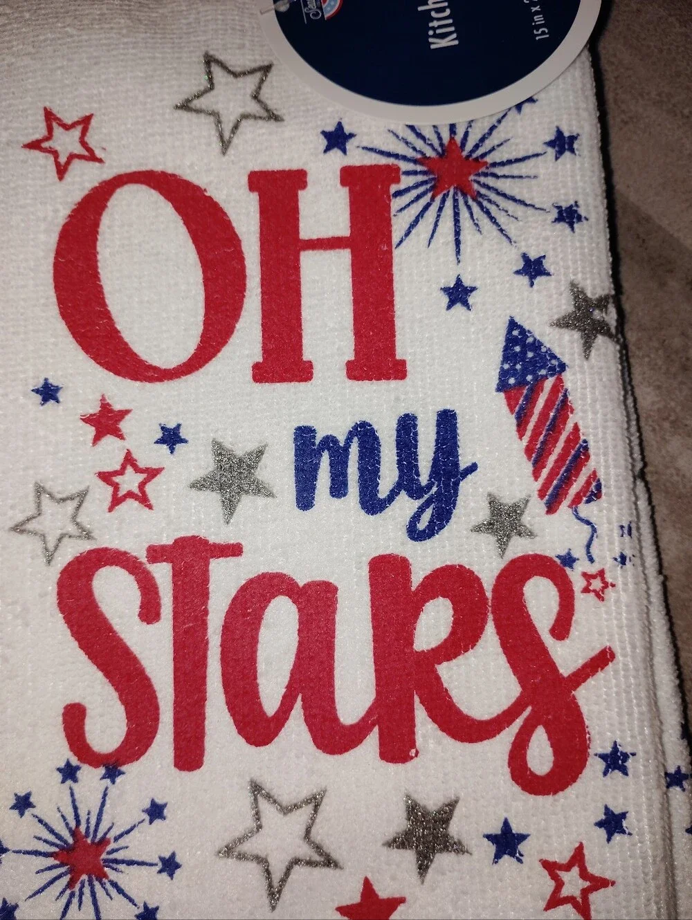 Oh My Stars Patriotic Kitchen Towel Red White Blue Fireworks 15x25 New